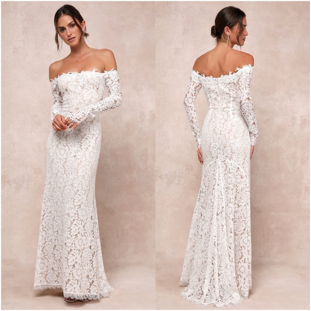 Lulu's White Off-the-Shoulder Lace Wedding Dress
